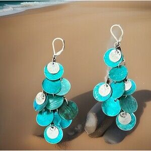 Shell Earrings Dangle Drop Mother of Pearl Seashell Bead Layers Pierced Green 3”